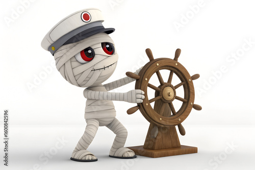 Cute Cartoon Mummy Sailor Steering Wooden Ship Wheel
