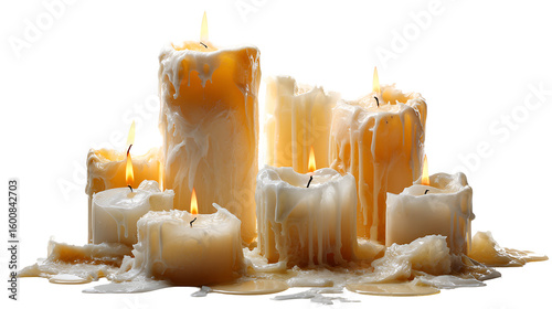Melted candles burning brightly dark background