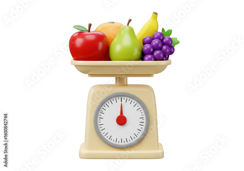 3D kitchen scale with fresh fruit isolated on transparent background