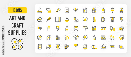 Art and Craft supplies icons. Fabrics, Papers, Flower Pot, Feather, Thread, Color Palette, Paint Bucket, Pencil, Paint Spray, Cardboard, Liquid Glue, Needle vector stroke illustration.	