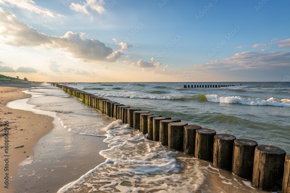 Obraz premium Peaceful Beach Shore with Wooden Breakwater and Ocean Waves 