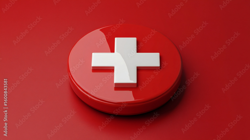 Fototapeta premium Cross Red Medical Health Symbol. isolated on red background. 3D illustration. Medical sign. White cross on a red button. 