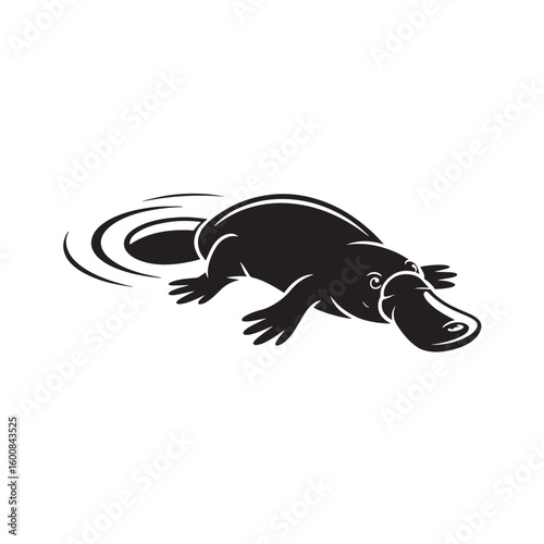 Stylized black silhouette of a platypus swimming in rippling water isolated on white background