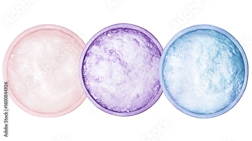 Three colorful bowls filled with sugar scrub for skincare and beauty treatment at spa