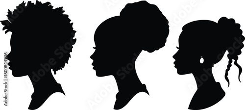 Silhouette of Three Women with Different Hairstyles Afro, Bun, and Braided Ponytail Style