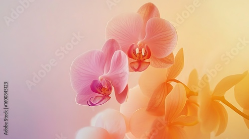 Dreamy pink orchid blooms close-up with soft light and pastel colors for backgrounds and designs