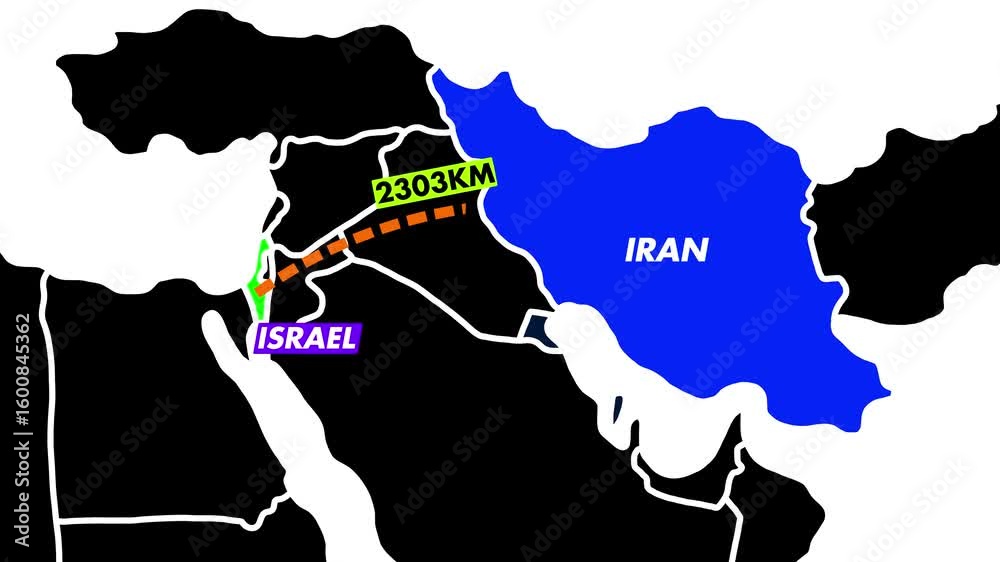 4K Animation of Middle East Map Showing Israel and Iran With 2303 km ...