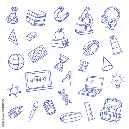 Vector doodle set of school objects: books, microscope, DNA, blackboard, apple, backpack and more. Great for educational themes and learning materials
