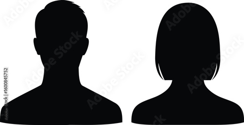 Silhouette Portrait of Man and Woman with Short Bob Hairstyle on White Background