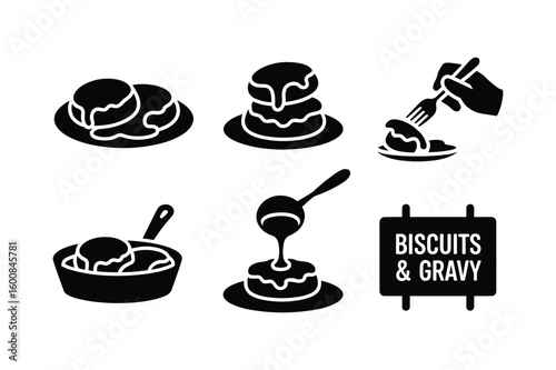 Biscuits and gravy icons with pouring sauce and fork food