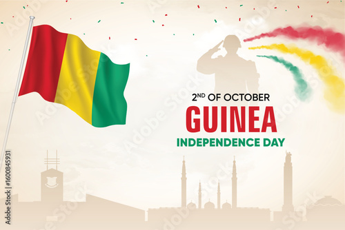 Guinea Flag Waving With Army Soldier and Air Show On Skyline Background. Independence Day Concept Design Vector Illustration.