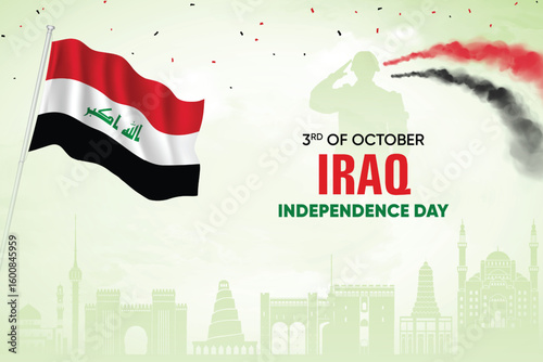 Iraq Flag Waving With Army Soldier and Air Show On Skyline Background. Independence Day Concept Design Vector Illustration.