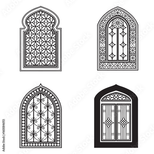 Elegant Window Designs A Collection of Intricate Architectural Elements Showcasing Ornate Details and Geometric Patterns Vintage Decorative Style