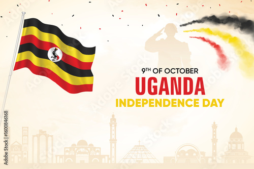 Uganda Flag Waving With Army Soldier and Air Show On Skyline Background. Independence Day Concept Design Vector Illustration.