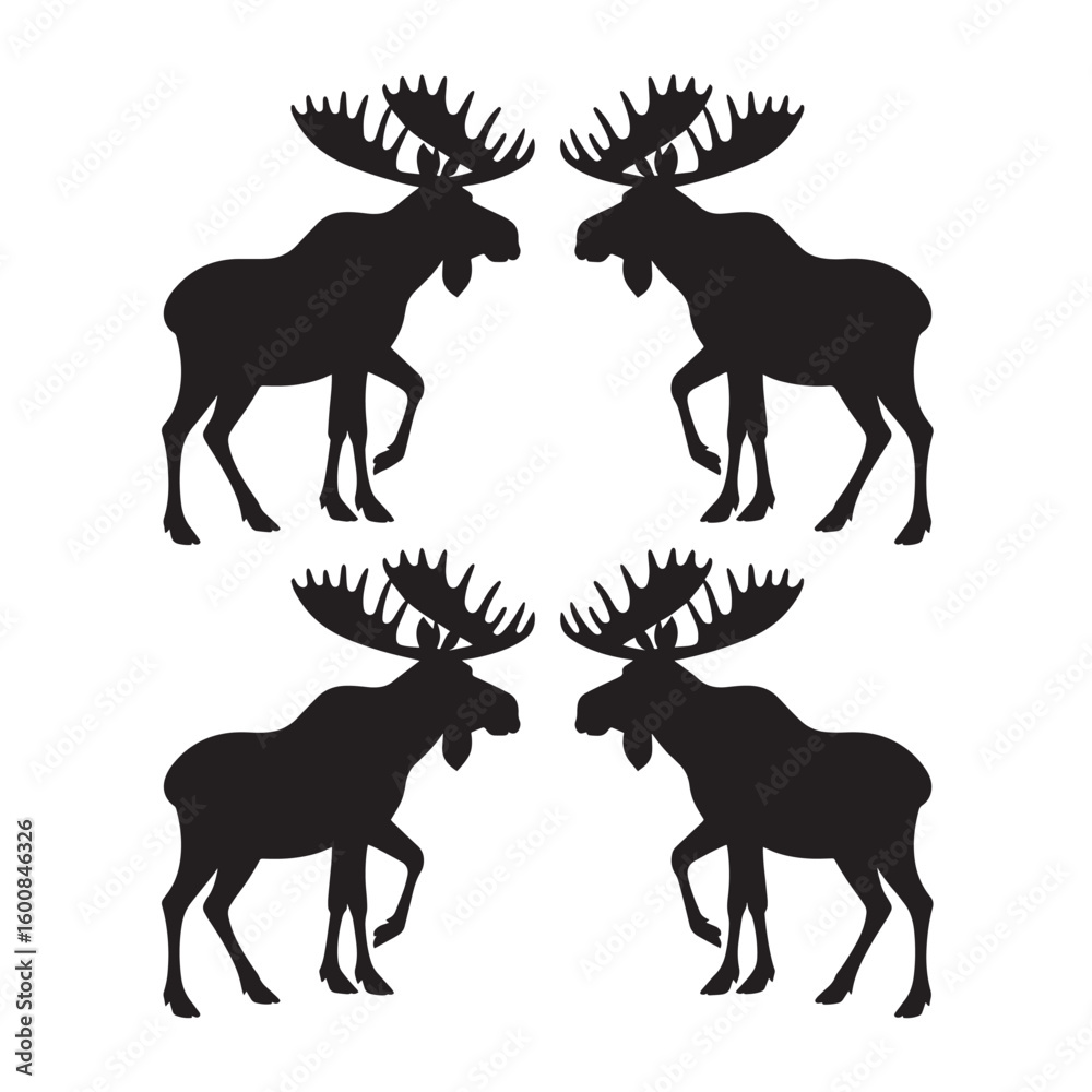Obraz premium Four silhouetted moose facing each other in pairs on a clean white background isolated on white background