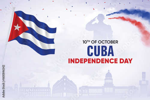 Cuba Flag Waving With Army Soldier and Air Show On Skyline Background. Independence Day Concept Design Vector Illustration.