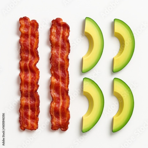 Two strips of cooked crispy bacon beside four slices of ripe green avocado