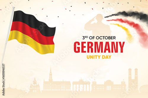 Germany Flag Waving With Army Soldier and Air Show On Skyline Background. Unity Day Concept Design Vector Illustration.
