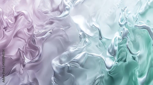 Abstract flowing iridescent liquid background with metallic silver highlights and pastel colors