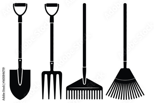 Garden tools shovel pitchfork rake gardening