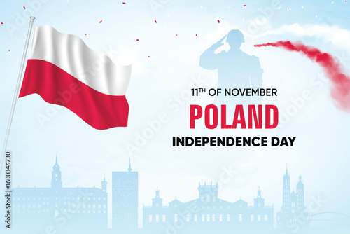 Poland Flag Waving With Army Soldier and Air Show On Skyline Background. Independence Day Concept Design Vector Illustration.