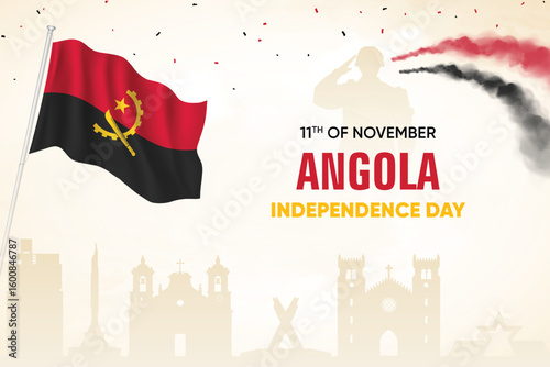 Angola Flag Waving With Army Soldier and Air Show  On Skyline Background. Independence Day Concept Design Vector Illustration.