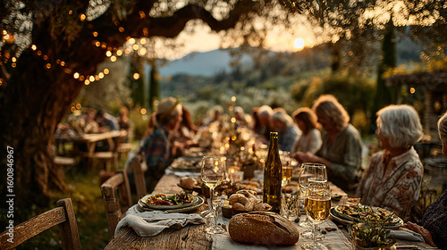 Ferragosto celebration in the Italian countryside, large table set under olive trees, family and friends eating traditional food, warm golden light, relaxed and happy expressions, rural landscape. 
