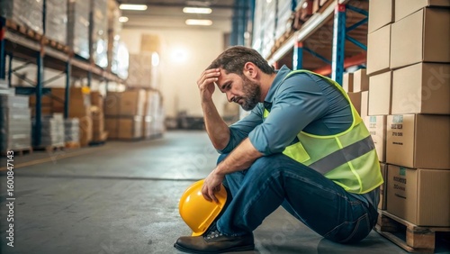 A man in uniform suffers from a headache against the backdrop of warehouse shelves. The image reflects physical and mental exhaustion. A hot topic of mental health at work.