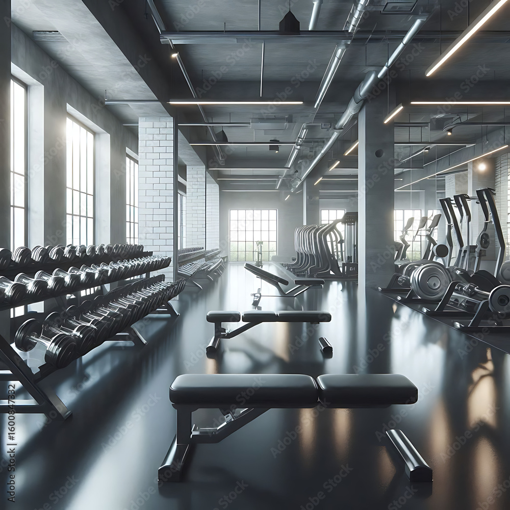 Fototapeta premium Modern Industrial Gym Interior with Dumbbells & Weight Benches – Empty Fitness Studio 3D Render