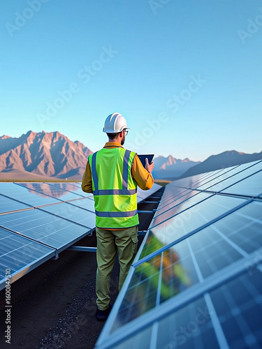 Young man, a solar panel worker, on a house roof with a mountain landscape and clear sky outdoors