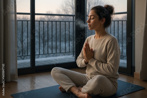 Free Download Morning meditation practice in a cozy indoor setting with natural light and serene atmosphere - GFXLoad