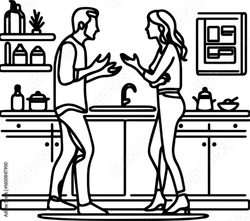 Couple arguing in kitchen with minimalist line art style  