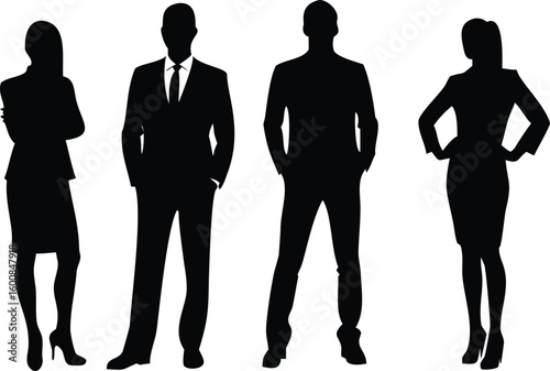 Silhouetted Business Team Two Men and Two Women Standing Isolated on White