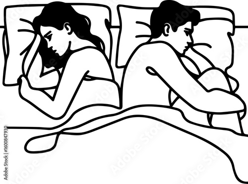 Couple facing away from each other in bed showing tension, frustrated couple in bed	