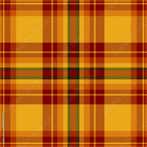 Event plaid seamless tartan, stitch pattern fabric textile. Checkered check texture background vector in amber and maroon colors.