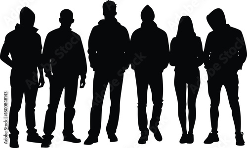 Silhouetted Group of People in Hoodies and Casual Attire Standing Against a White Background
