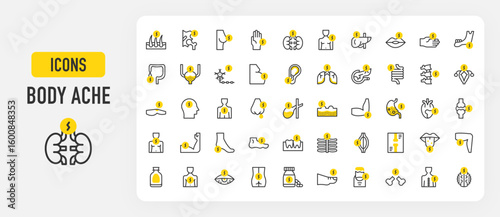 Set of Body ache vector stroke icons. such as Stomach, Bladder, Pain Killer, Hips, Spinal Cord, Jaw, Folliculitis, Eye, Chest, Heart Attack, Liver, Spinal Cord, Tongue, Nerve, Back, Ear illustration.	