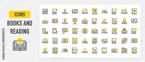 Set of Books and reading vector stroke icons. such as Example, PDF, Education, Audio Book, Book, Apple, Idea, Manual Book, Price, Ripped, Book Shelf, Ebook, Sale, Growth, Bible, Glasses illustration.	