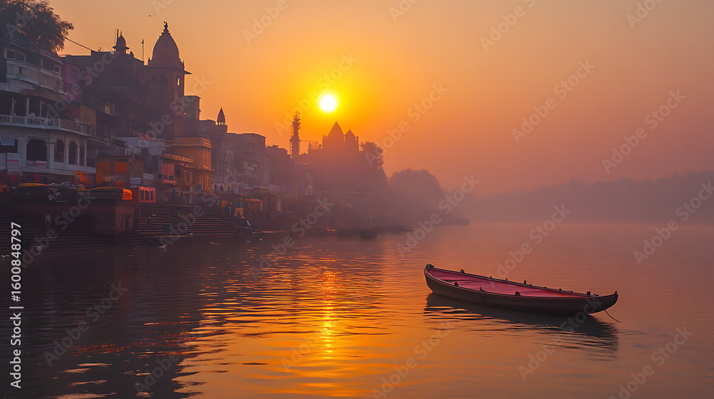 Fototapeta premium An unforgettable sunrise over the Ganges midjourney through India 