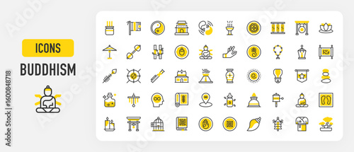 Set of Buddhism vector stroke icons. such as Sanctuary, Spiritual Wellness, Stones, Conch Shell, Essential Oil, Buddha, Meditation, Vajra, Pagoda, Book, Candles, Shrine, Bird Cage illustration.	

