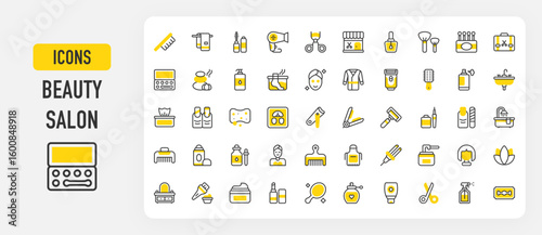 Beauty salon icons. Towel, Facial Mask, Wax, Bath Tub, Nail Clipper, Scissors, Serum, Manicure, Hair Clip, Spray Bottle, Lotus, Nail Polish, Moisturizer vector stroke illustration.	
