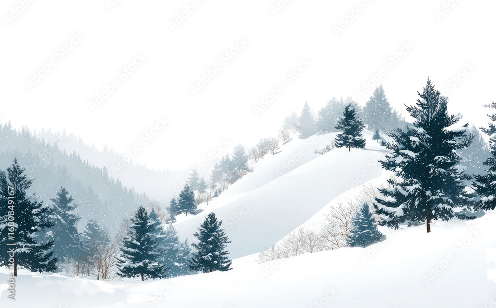 Naklejka premium Snowy mountain range with pine trees. A serene winter landscape