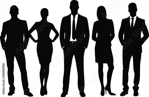 Silhouetted Team of Professionals Diverse Group of Business Men and Women, Black on White Background