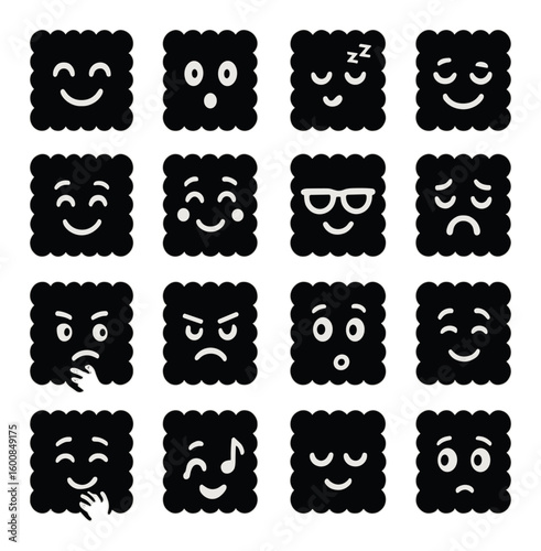 Emoji silhouette icon set. featuring happy, sad, sleepy, surprised, angry, and confused expressions.