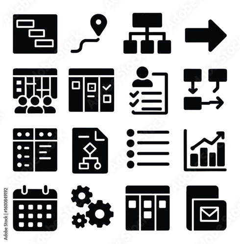 Project management silhouette icon set. includes gantt chart, workflow, calendar, checklist, kpi, and more.