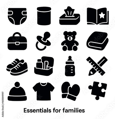 Family essentials silhouette icons set. includes diaper, tissue, book, bag, pacifier, teddy bear, blanket, shoes, feeding bottle