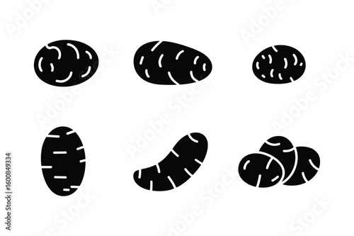 Black silhouettes of various potato shapes with lines potatoes root vegetable