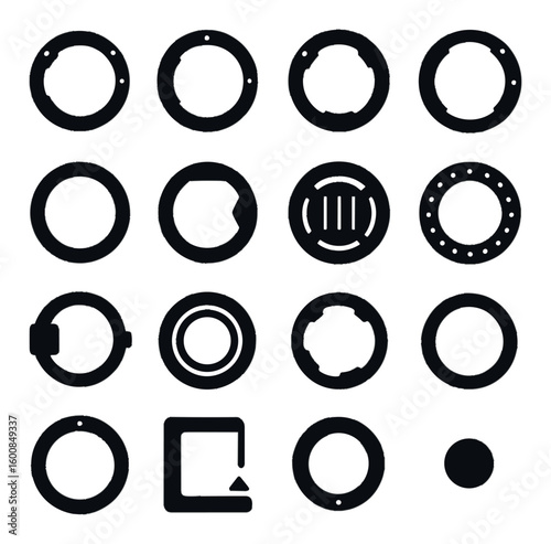 Mechanical silhouette icons set featuring gears, cogs, bearings, bolts, washers, rings, more