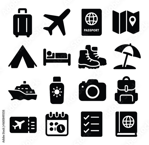 Travel silhouette icon set. featuring luggage, airplane, passport, map, tent, bed, boots, umbrella, cruise, camera.