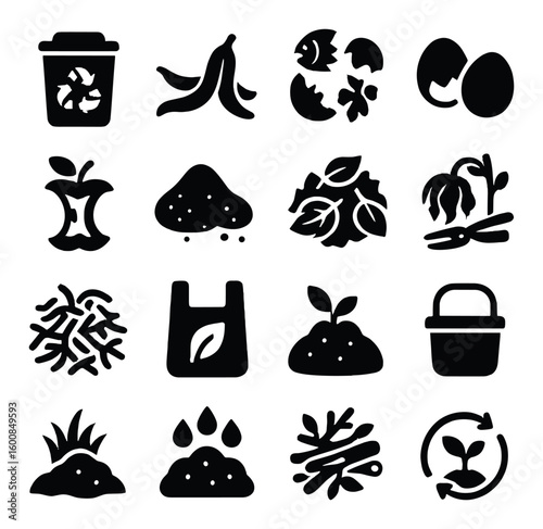 Composting silhouette icon set. featuring recycling bin, banana peel, eggshells, leaves, wilted plant, bag, and more.